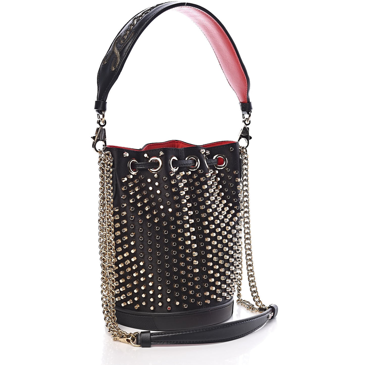 Silk Satin Calfskin Marie Jane Loubirun Studded Bucket Black Gold Platine