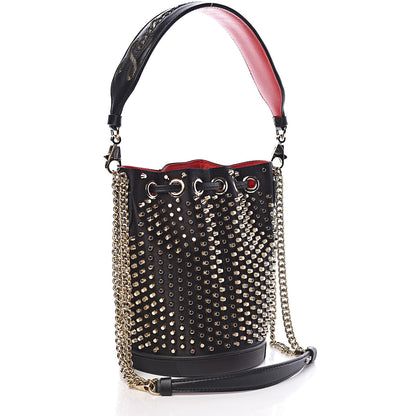 Christian Louboutin Silk Satin Calfskin Marie Jane Loubirun Studded Bucket Black Gold Platine 4 of 11