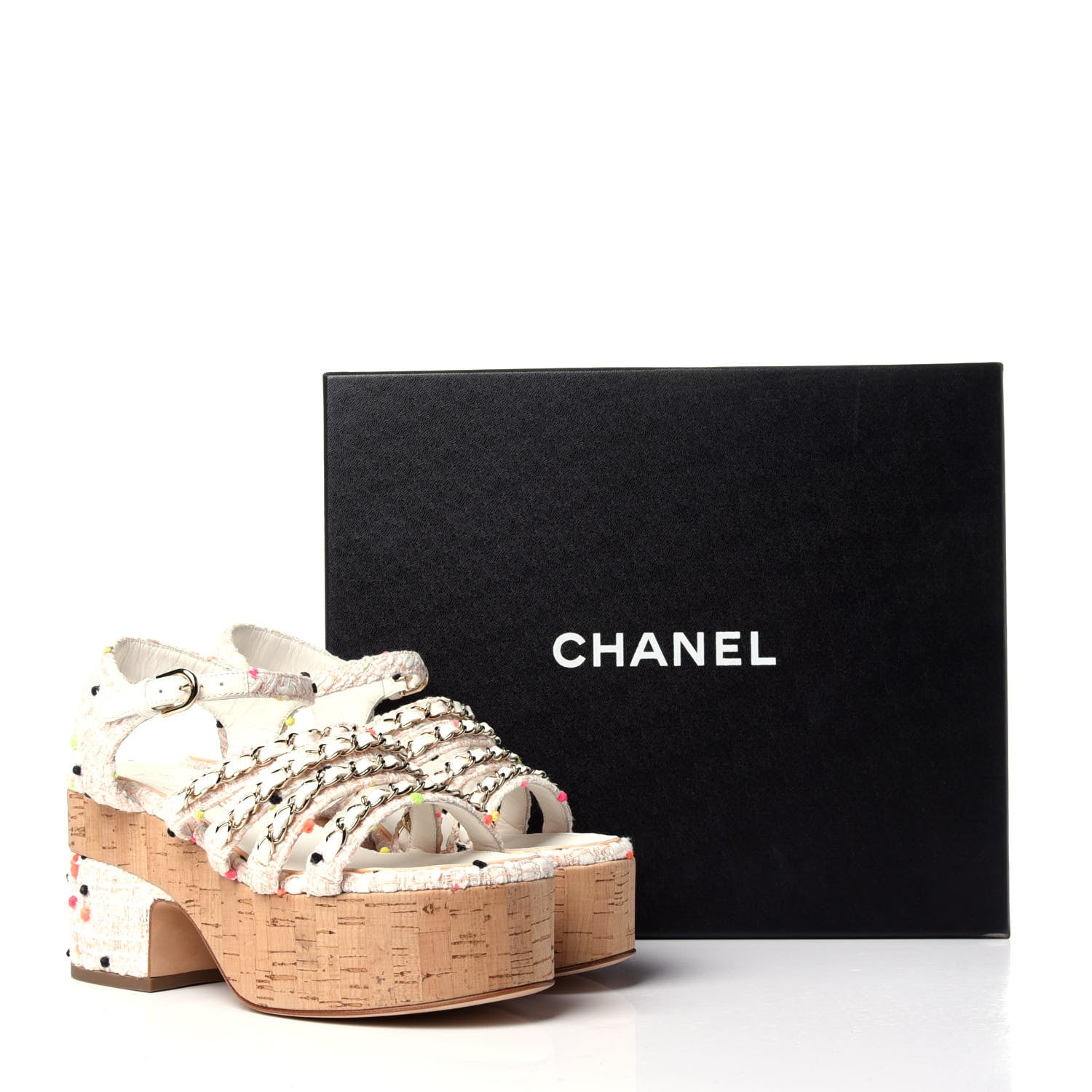 Chanel Tweed Chain Platform Sandals 35 Coral White 12 of 12