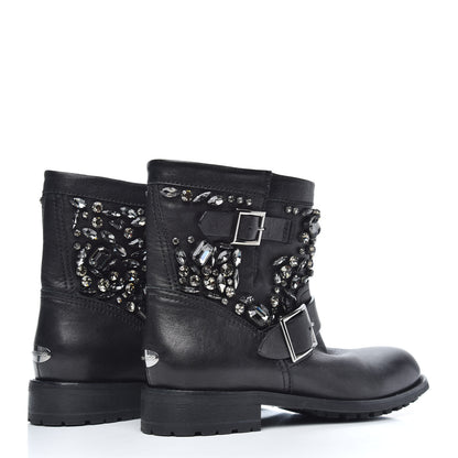 Jimmy Choo Calfskin Crystal Embellished Youth Biker Boots 39.5 Black 4 of 7