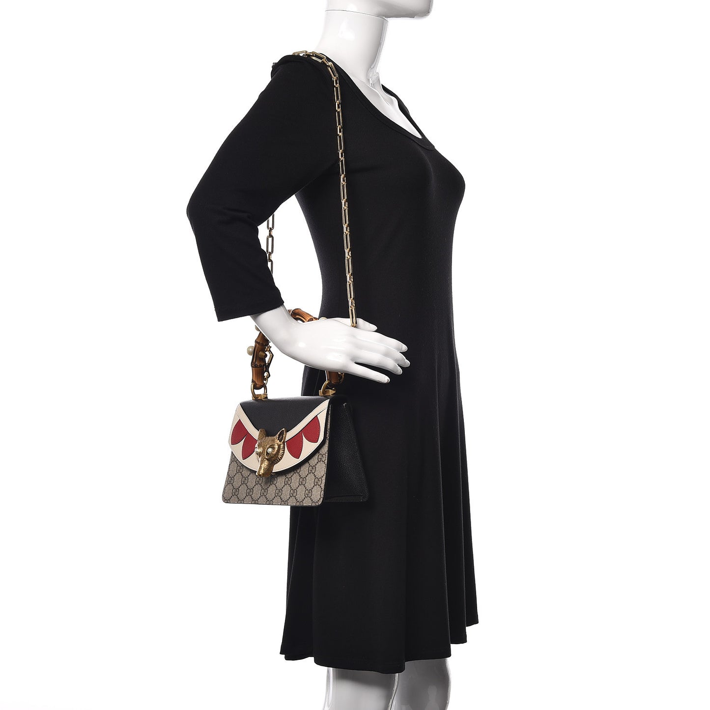 GG Supreme Monogram Goatskin Pearl Mini Fox Broche Bamboo Top Handle Bag Beige Ebony Black Hibiscus Red Mystic White