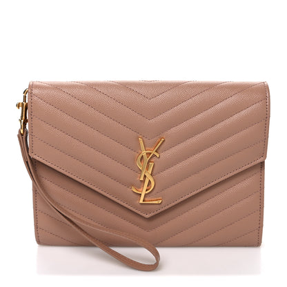 Saint Laurent Grain De Poudre Matelasse Chevron Monogram Cassandre Flap Pouch  Vintage Peach 1 of 8