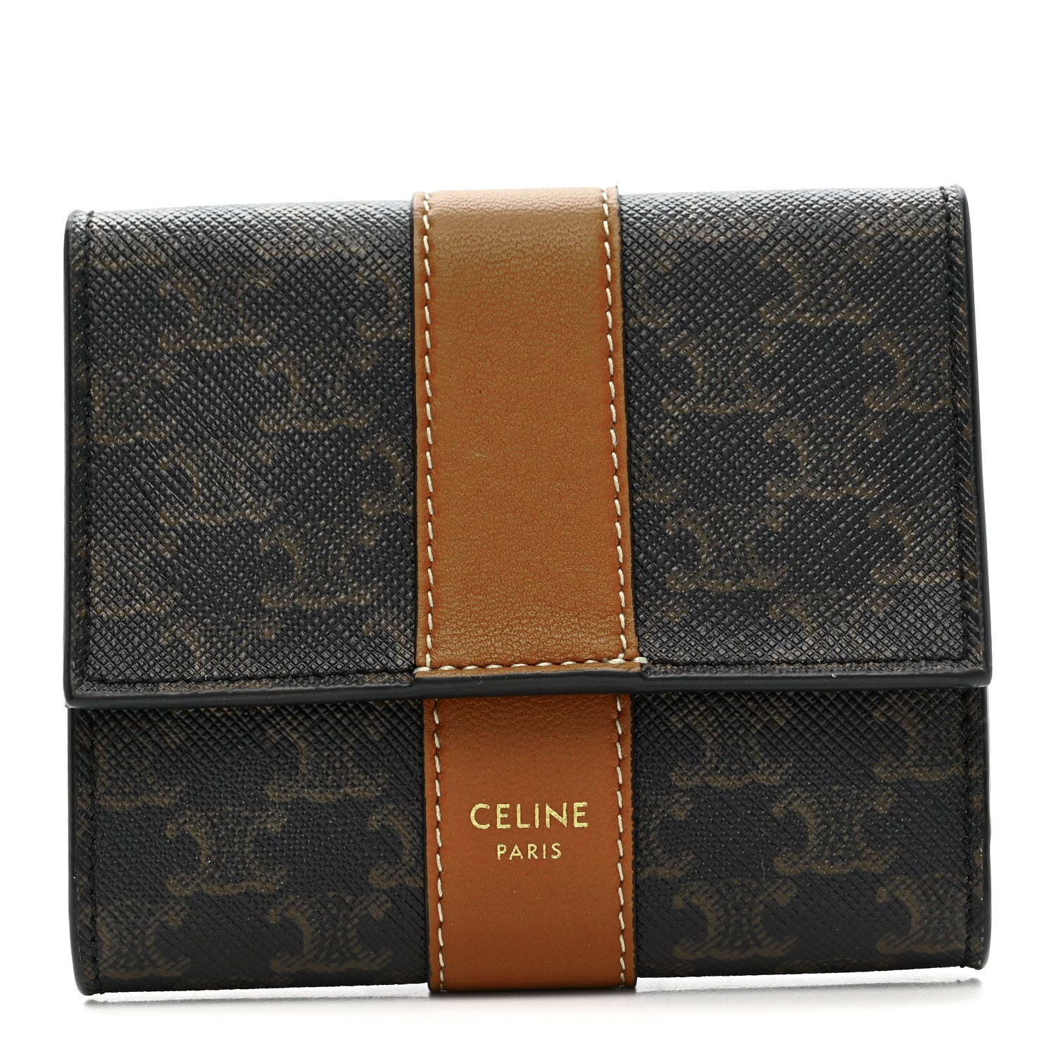 Celine Canvas Triomphe Lambskin Folded Compact Wallet Tan 1 of 8