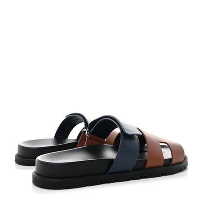 Hermes Calfskin Mens Chypre Sandals 40 Gold Bleu Celeste 4 of 9