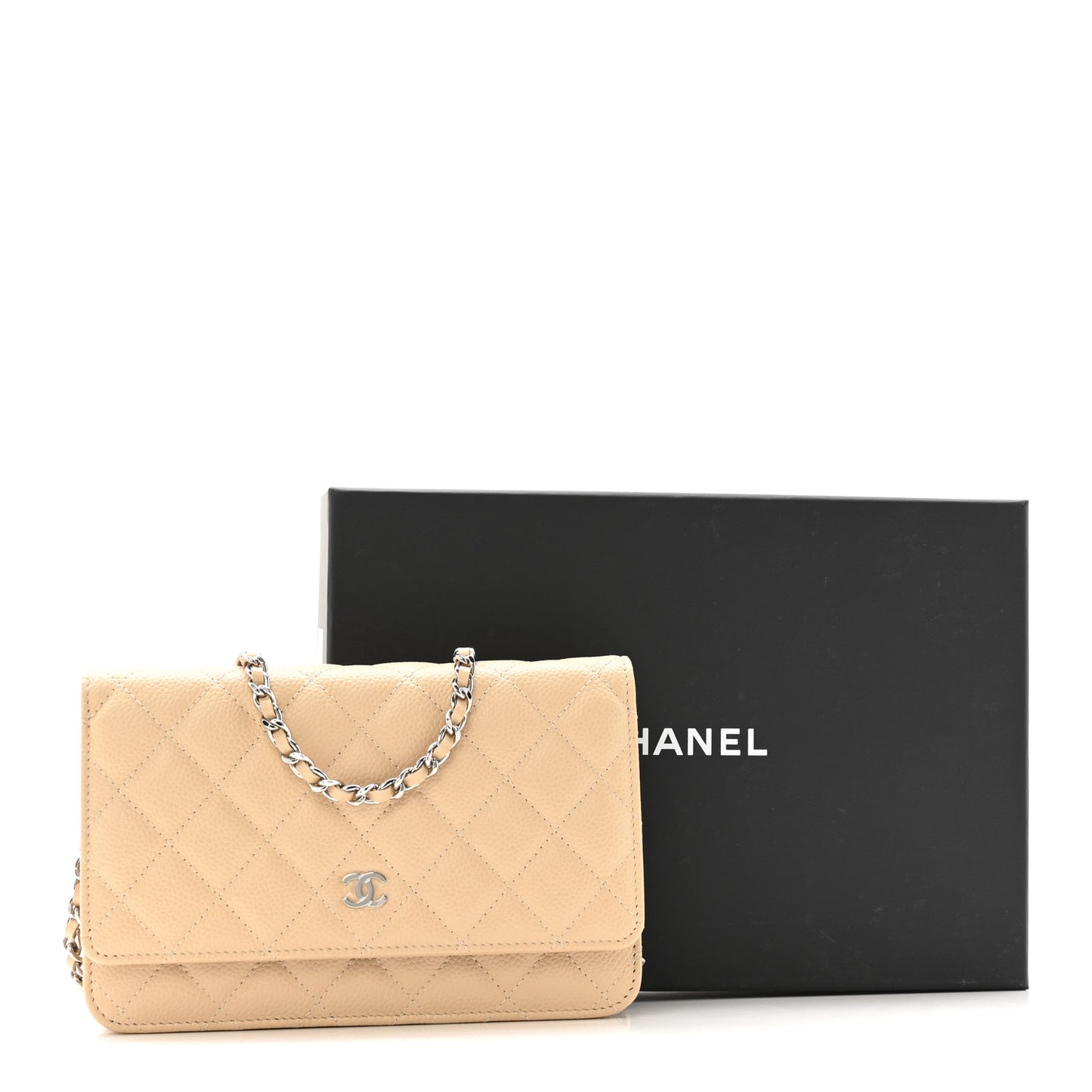 Caviar Quilted Wallet on Chain WOC Beige