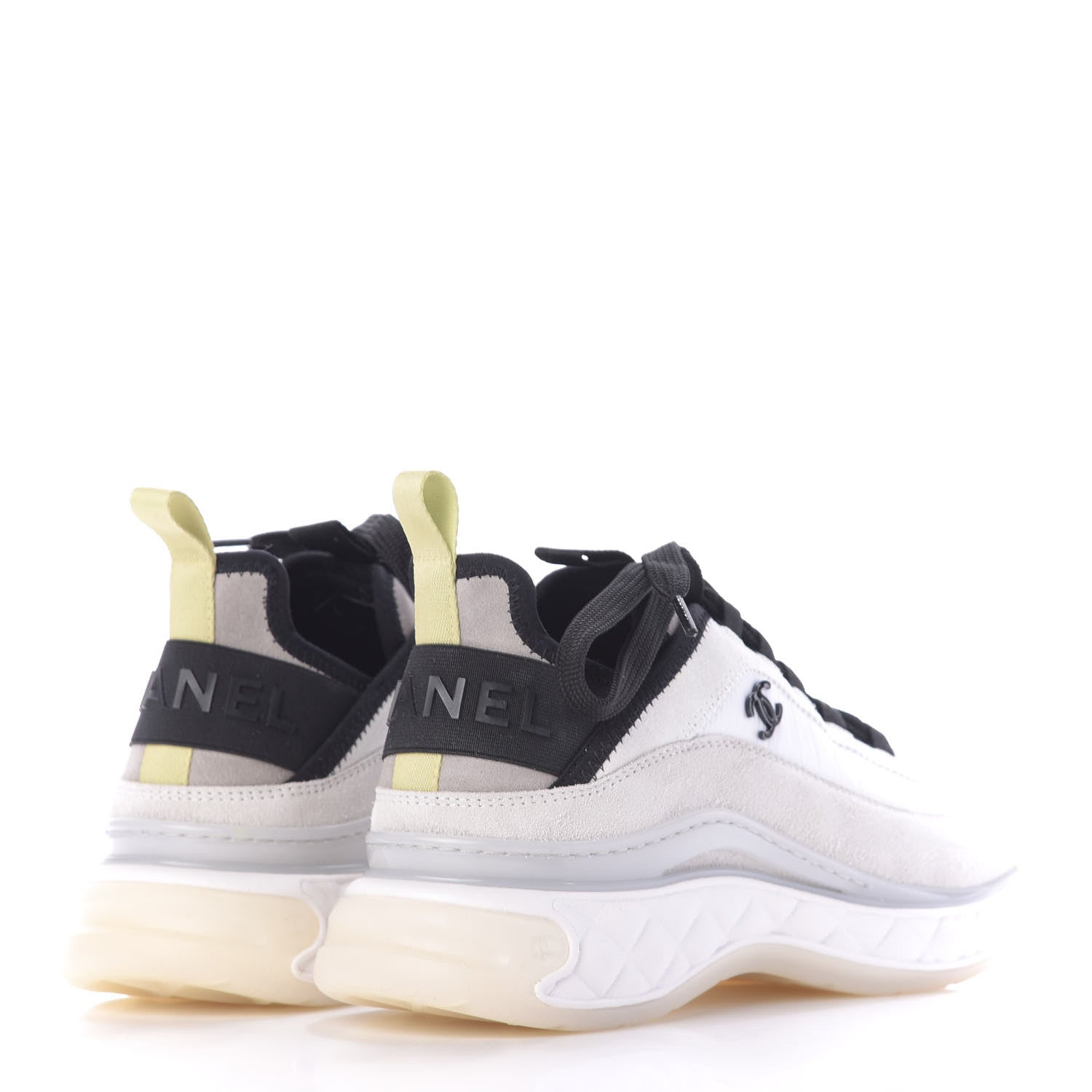 Chanel Nylon Calfskin Suede CC Sneakers 36.5 White Grey Yellow 4 of 11