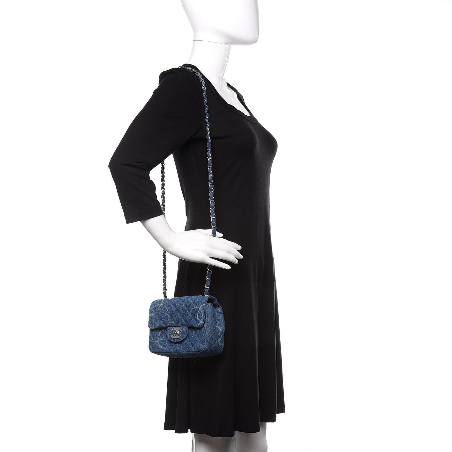 Denim CC Quilted Mini Square Flap Blue