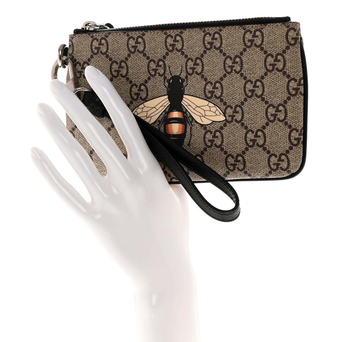 GG Supreme Monogram Bee Print Wrist Pouch Black
