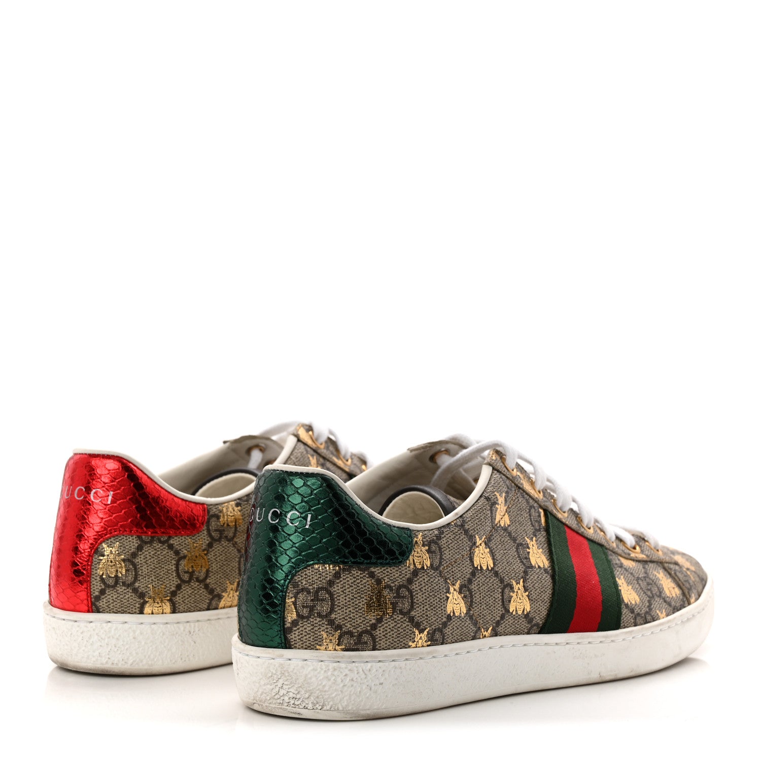 Gucci GG Supreme Monogram Bees Ayers Web Womens Ace Sneakers 39 Beige Oro Green Red 5 of 9