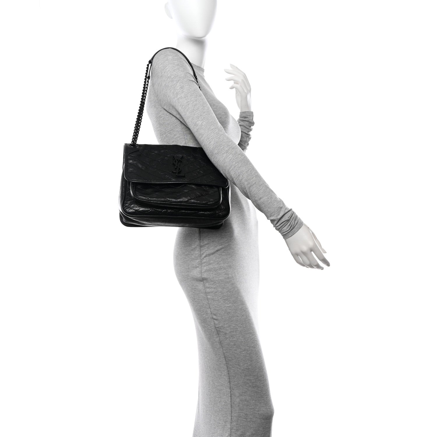 Saint Laurent Crinkled Calfskin Matelasse Monogram Medium Niki Chain Satchel Black 2 of 10