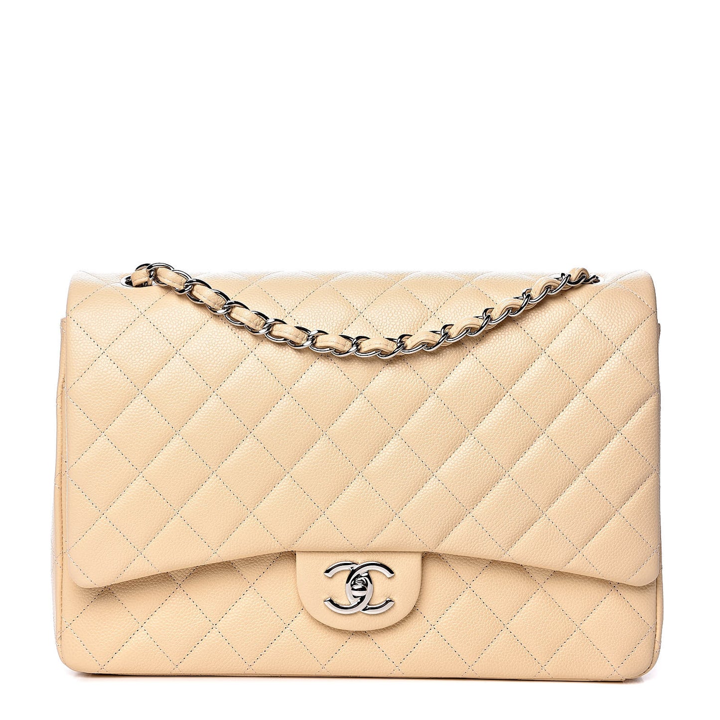Caviar Quilted Maxi Double Flap Light Beige