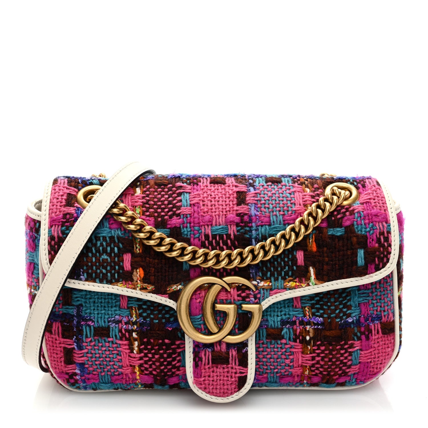 Gucci Tweed Calfskin Spicy Check Small GG Marmont Shoulder Bag Pink Multicolor Mystic White 1 of 9