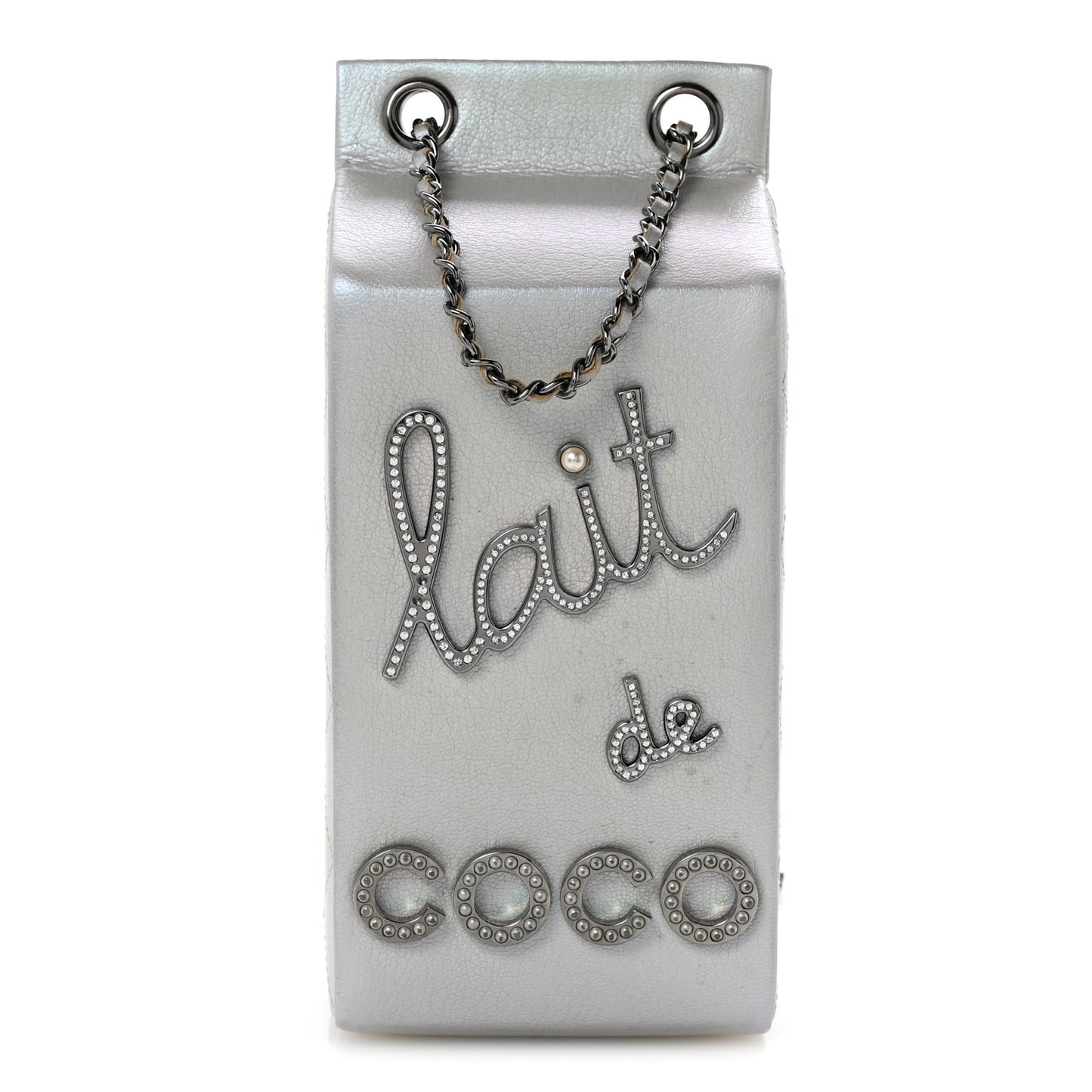 Metallic Goatskin Lait de Coco Milk Carton Bag Silver