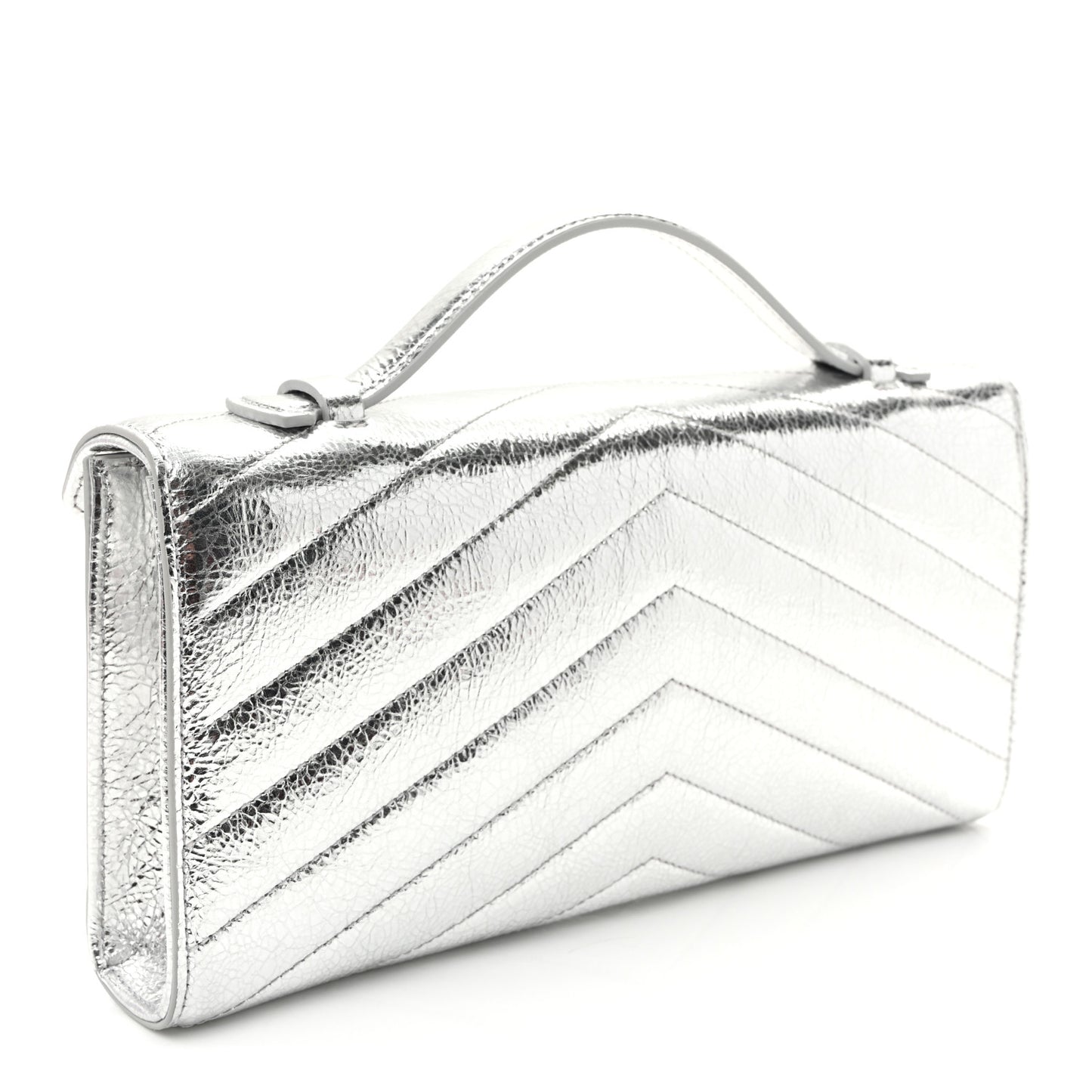Metallic Aged Calfskin Chevron Quilted Top Handle Envelope Clutch Silver