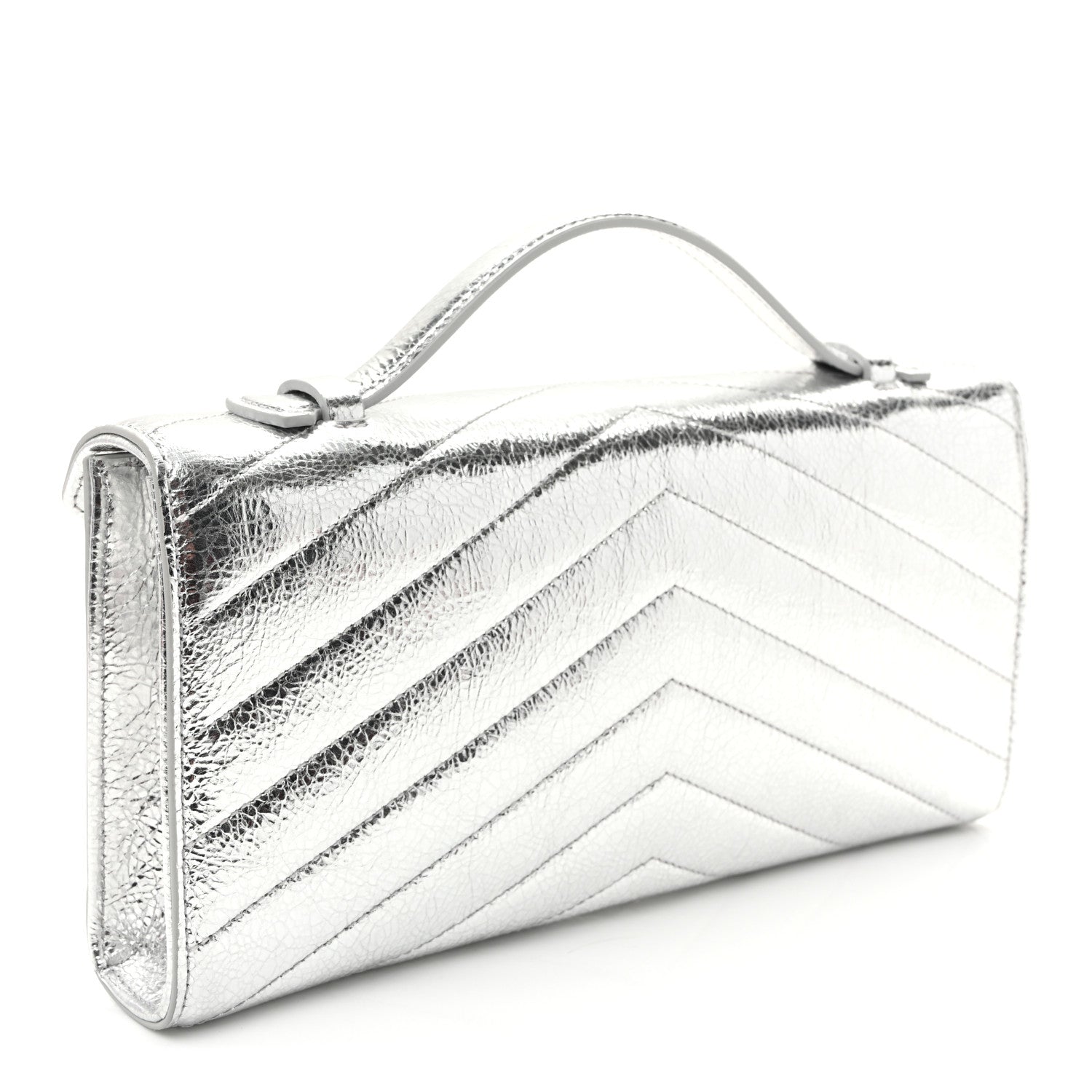 Chanel Metallic Aged Calfskin Chevron Quilted Top Handle Envelope Clutch Silver 3 of 10