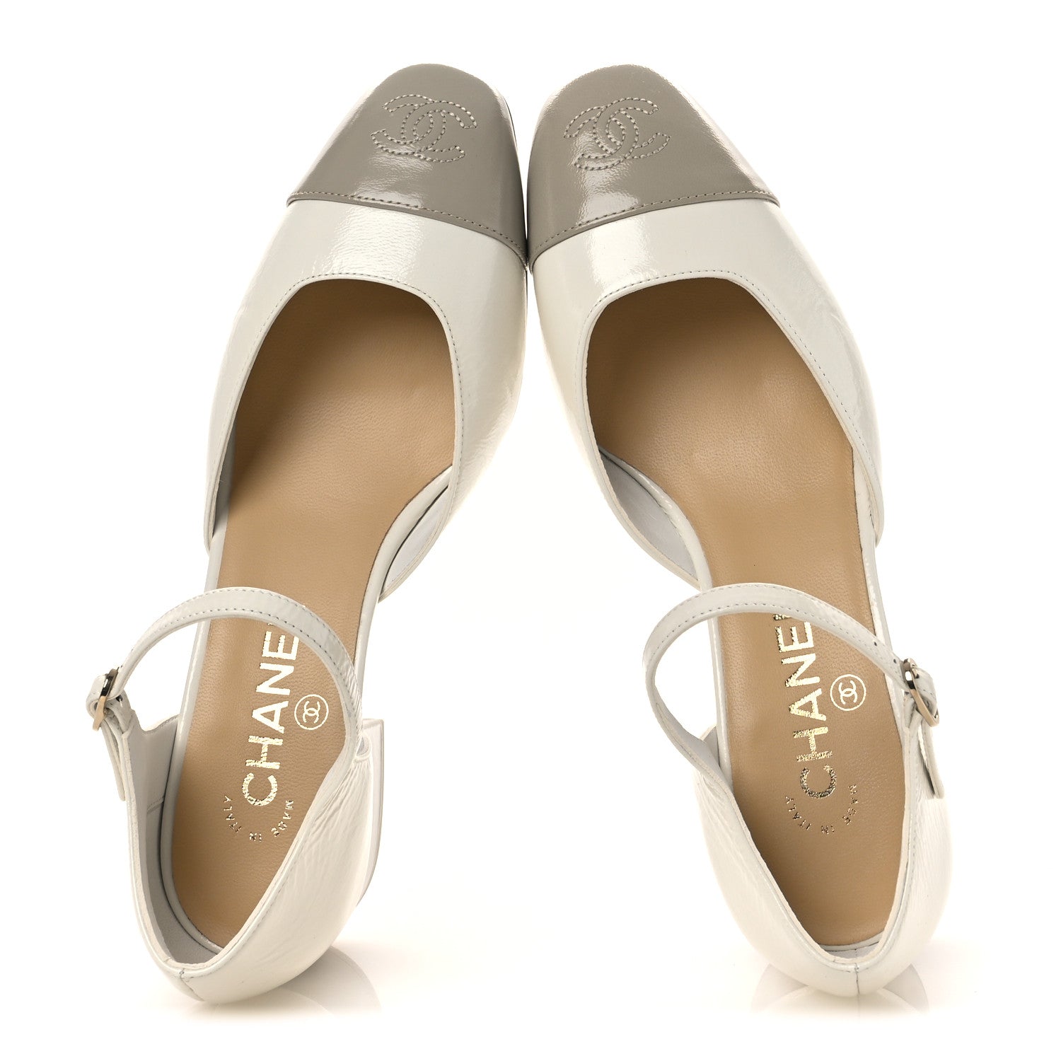 Chanel Shiny Lambskin CC Cap Toe Mary Janes Pumps 38 White Light Beige 2 of 11