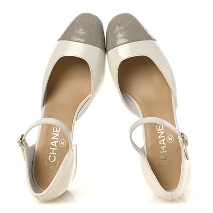 Chanel Shiny Lambskin CC Cap Toe Mary Janes Pumps 38 White Light Beige 2 of 11