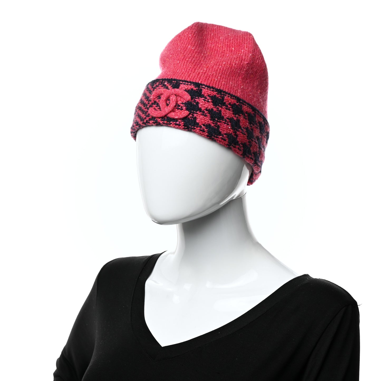 Cashmere Quilted CC Beanie Hat Pink Navy Blue
