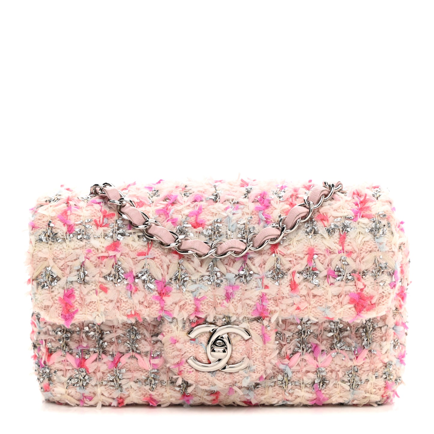 Tweed Quilted Mini Rectangular Flap Light Pink Silver Blue