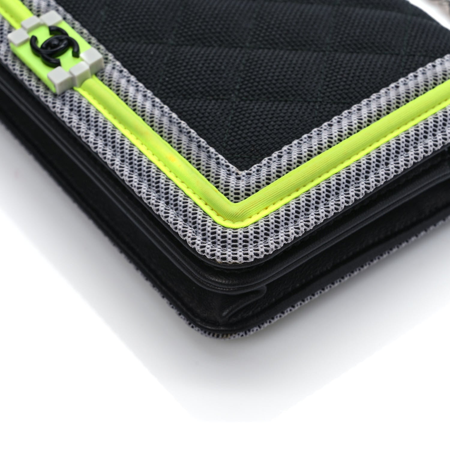 Chanel Canvas Quilted Fluo Boy Wallet On Chain WOC Black Grey Yellow 10 of 14