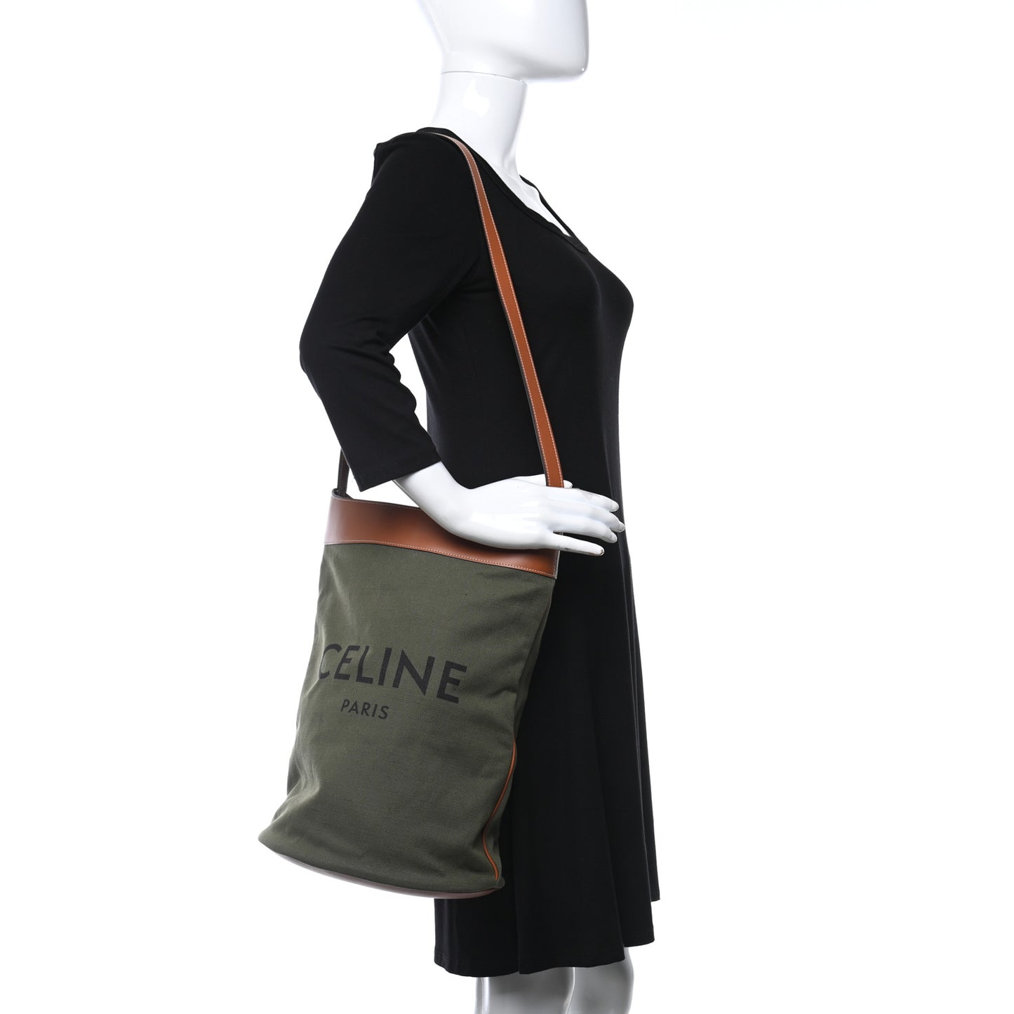 Canvas Smooth Calfskin Medium Bucket Bag Khaki Tan