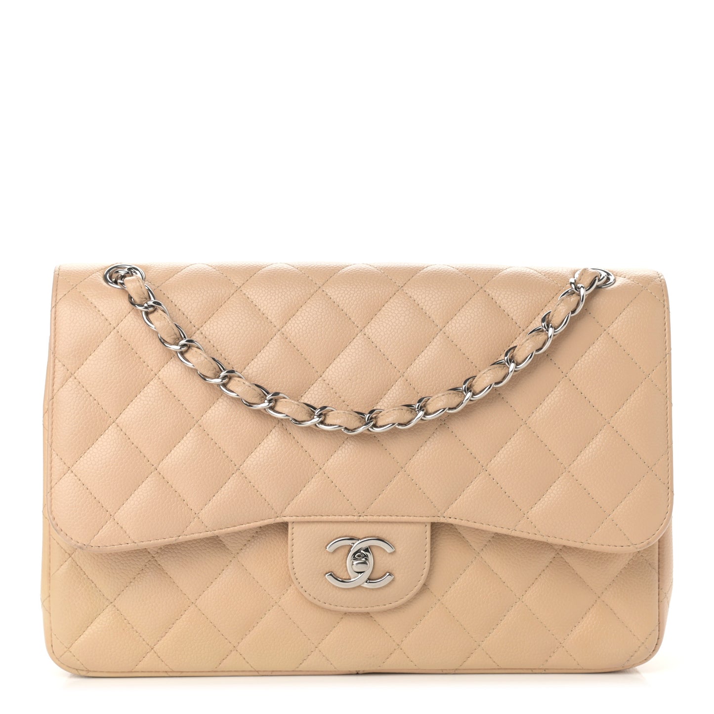 Caviar Quilted Jumbo Double Flap Light Beige