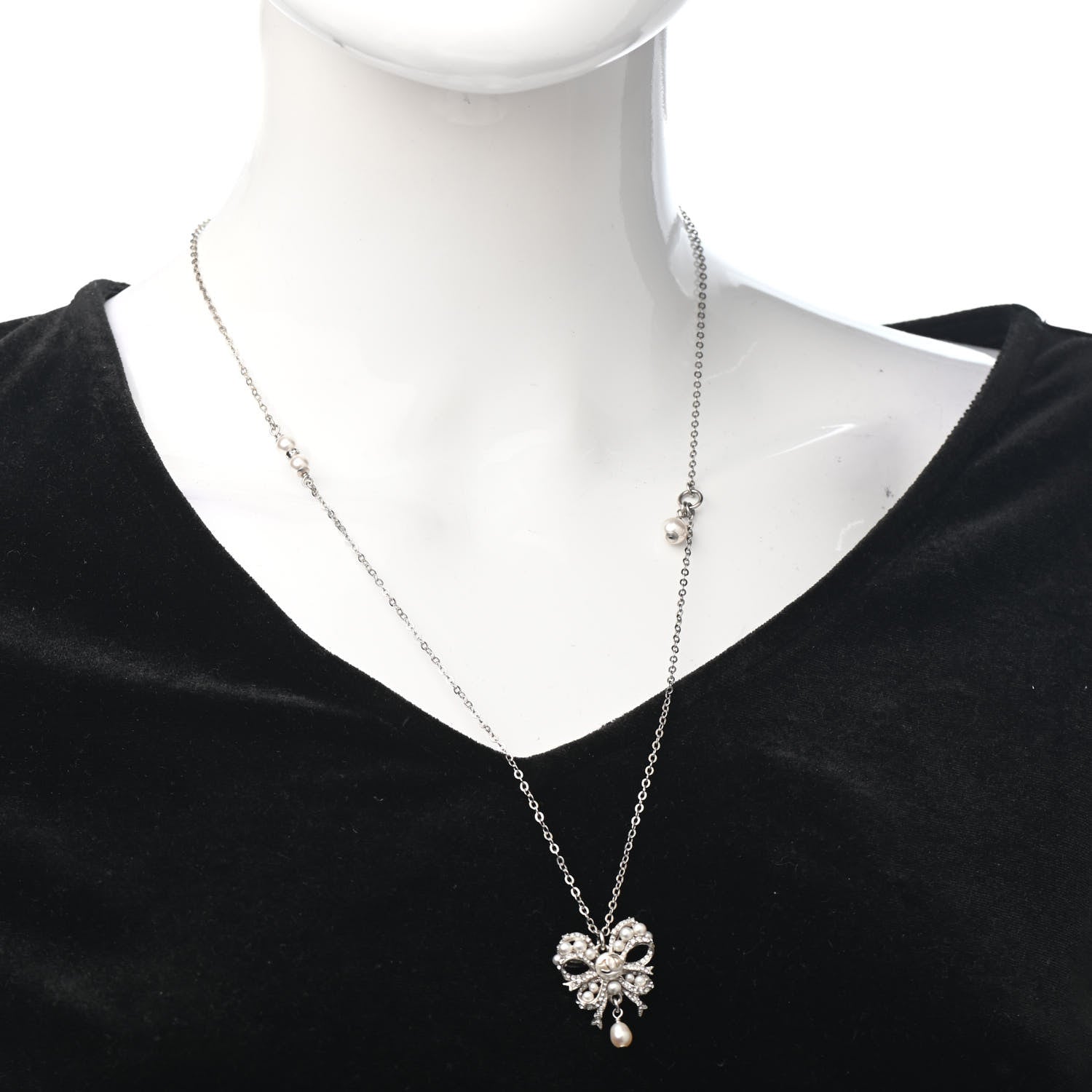 Chanel Crystal Pearl CC Bow Long Necklace Silver 2 of 4