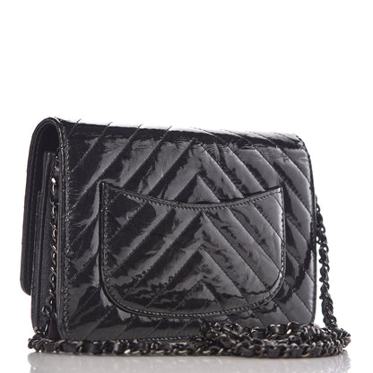 Chanel Patent Metallic Crumpled Calfskin Chevron Quilted Wallet On Chain WOC Black 4 of 21