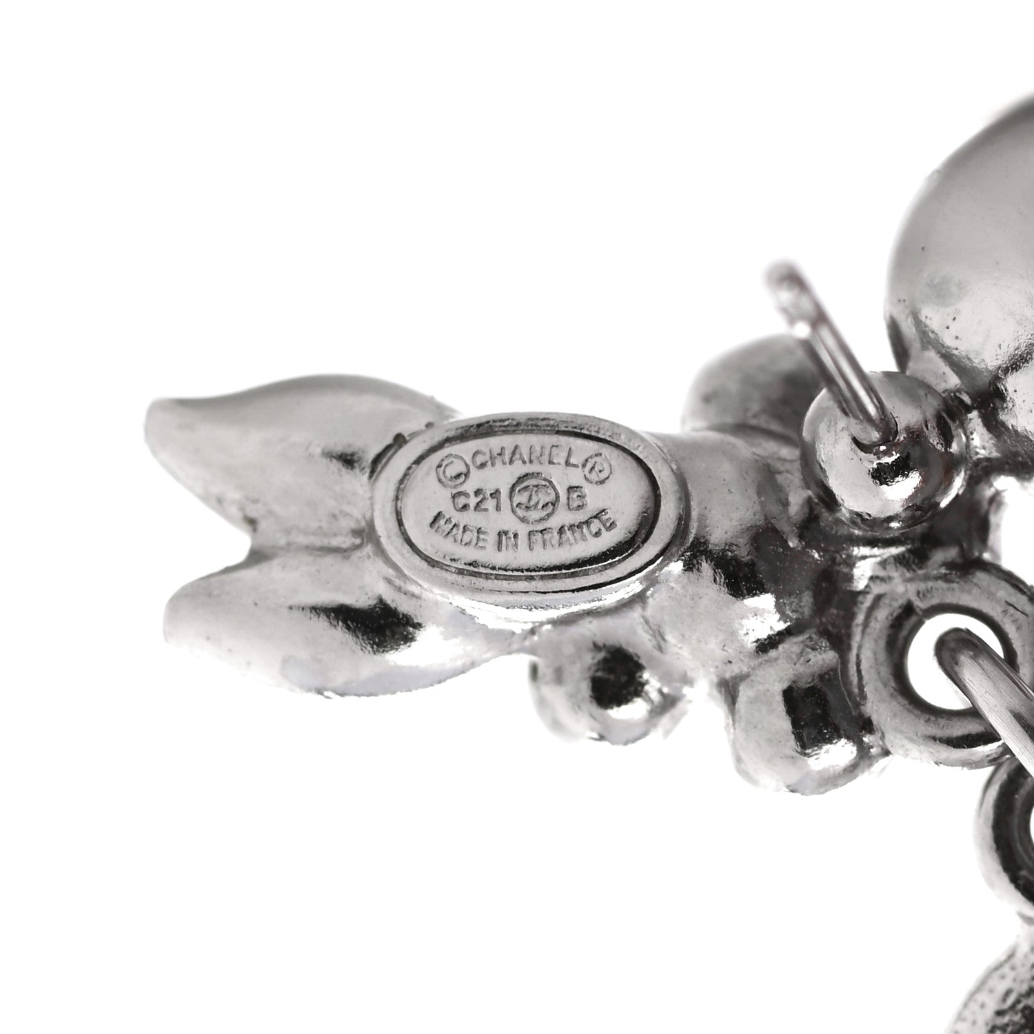 Chanel Crystal Pearl CC Leaf Earrings Silver 4 of 6