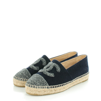 Chanel Velvet Tweed CC Espadrilles 37 Navy Grey 3 of 11