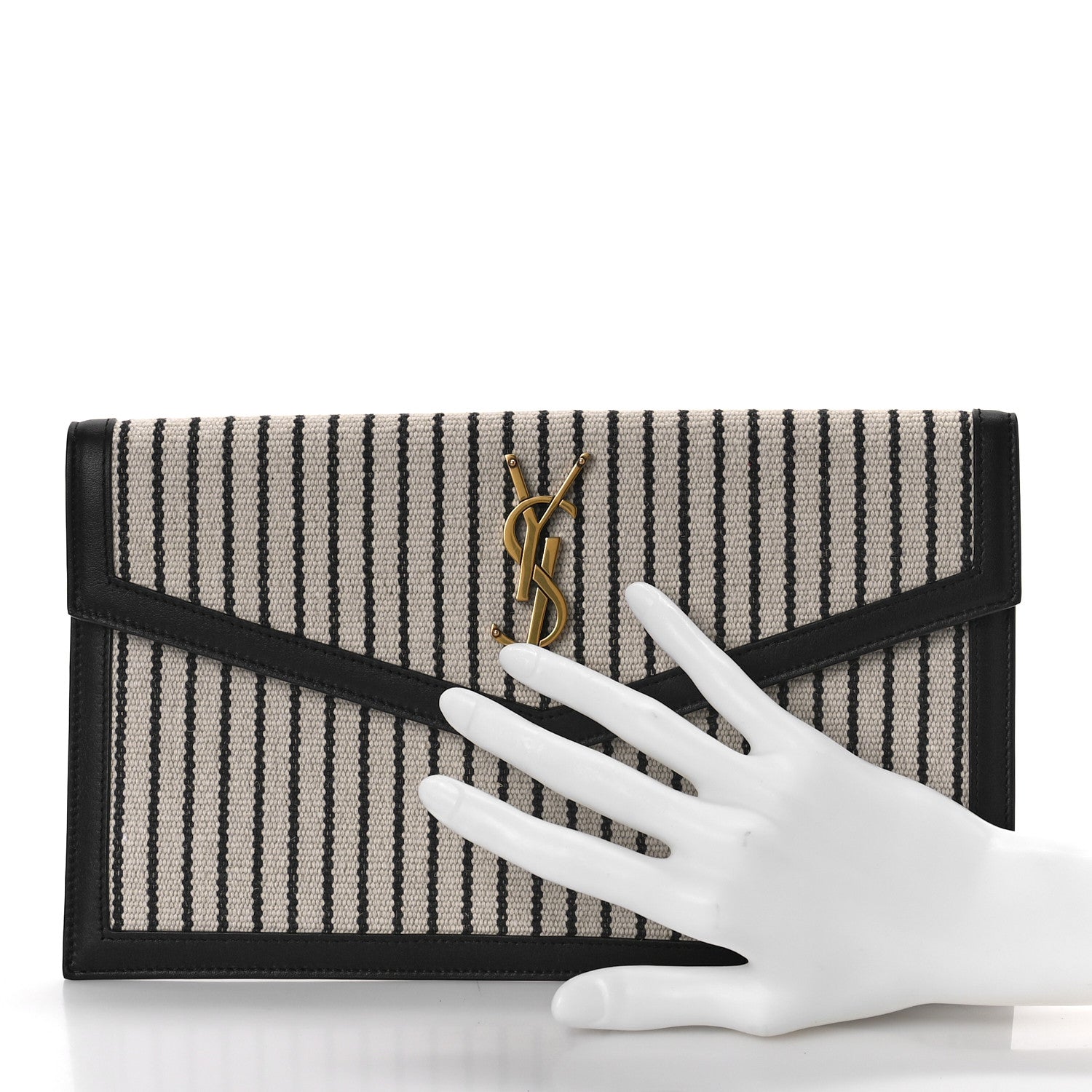 Saint Laurent Canvas Striped Uptown Pouch Beige Black 2 of 9
