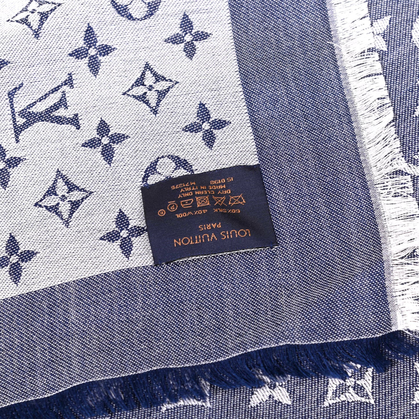 Silk Wool Monogram Denim Shawl Blue
