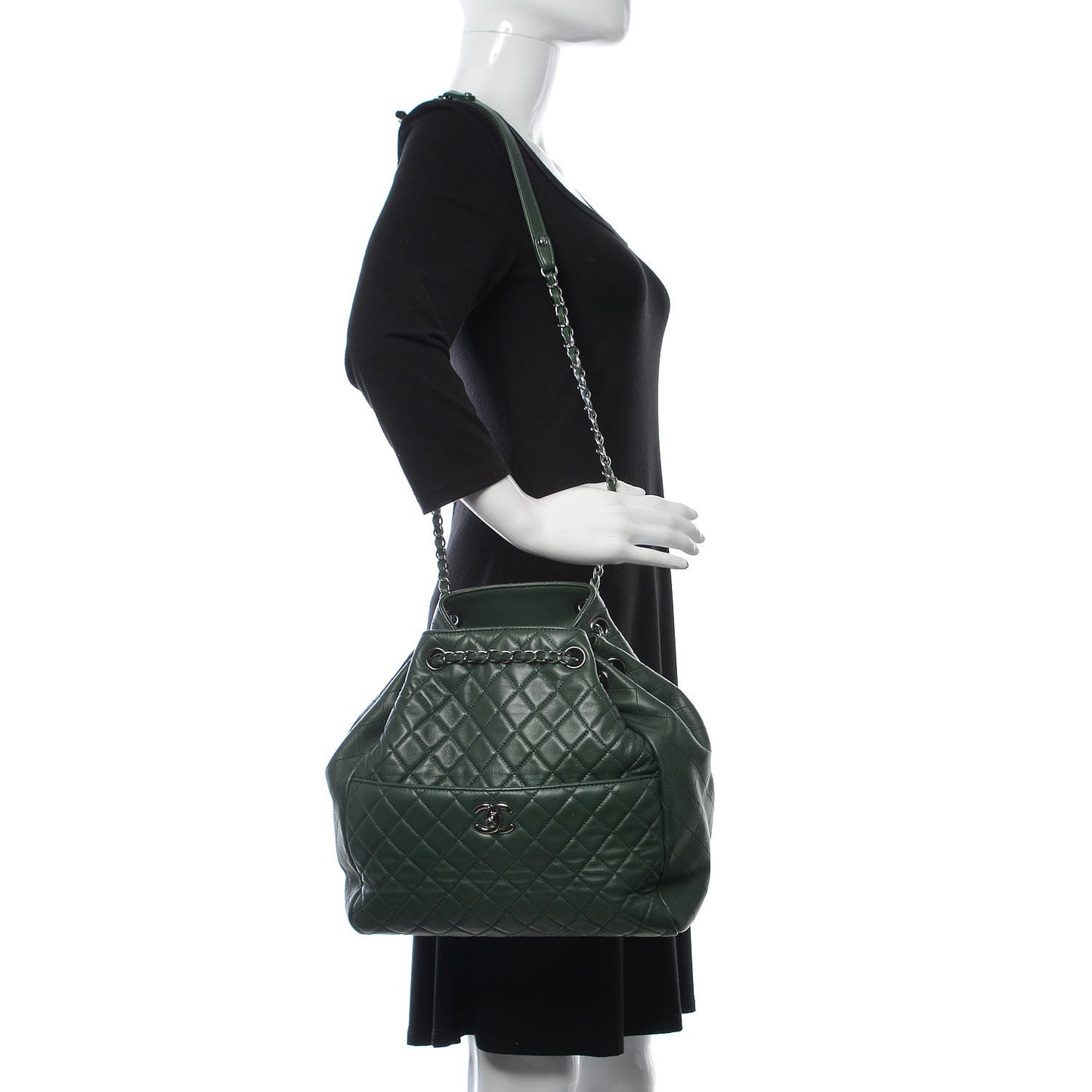 Lambskin Quilted Large Drawstring Shoulder Bag Green
