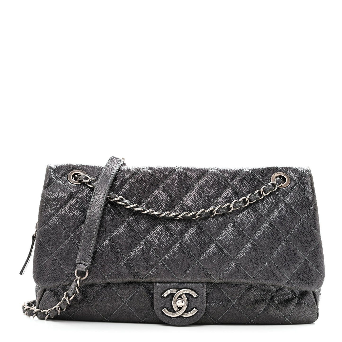 Iridescent Caviar Quilted Jumbo Easy Flap Silver