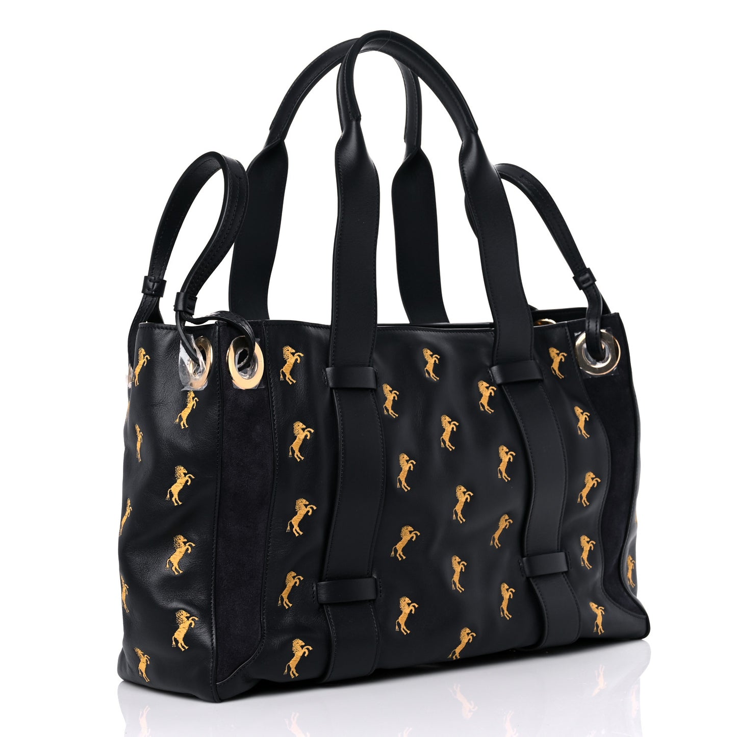 Smooth Calfskin Little Horses Embroidered Tao Zipped Tote Full Blue