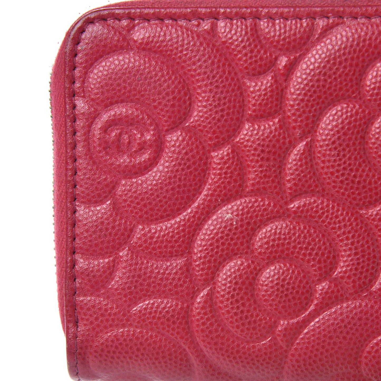 Caviar Camellia Embossed Small Zip Around Wallet Dark Pink