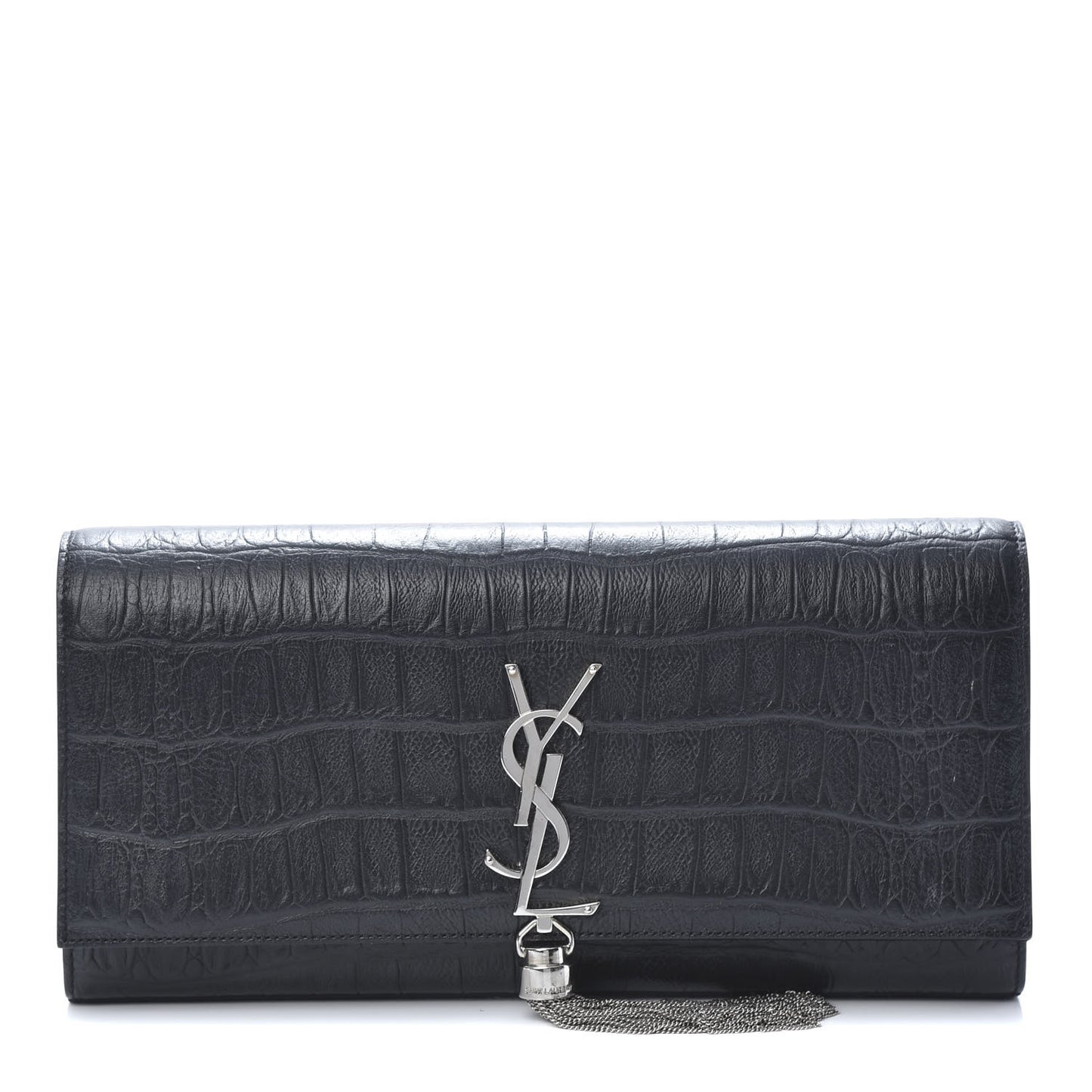 Calfskin Crocodile Embossed Classic Monogram Tassel Clutch Black