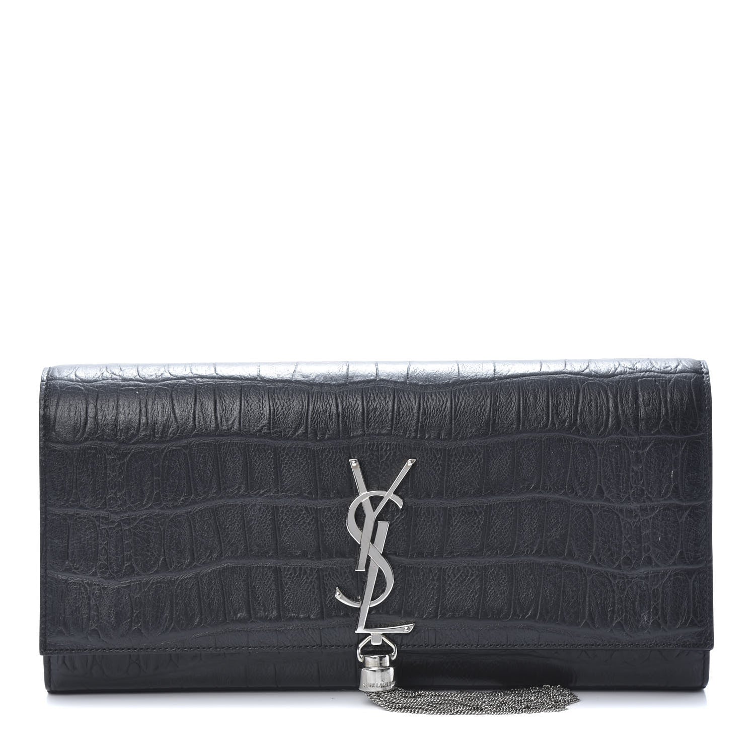 Saint Laurent Calfskin Crocodile Embossed Classic Monogram Tassel Clutch Black 1 of 11