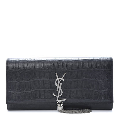 Saint Laurent Calfskin Crocodile Embossed Classic Monogram Tassel Clutch Black 1 of 11