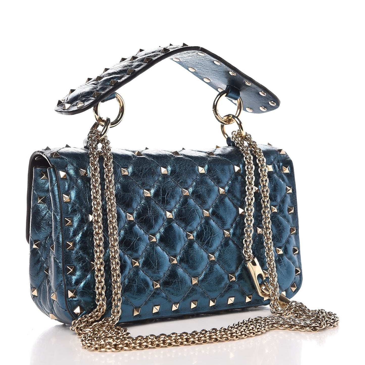 Metallic Wrinkled Lambskin Small Rockstud Spike Shoulder Bag Peacock