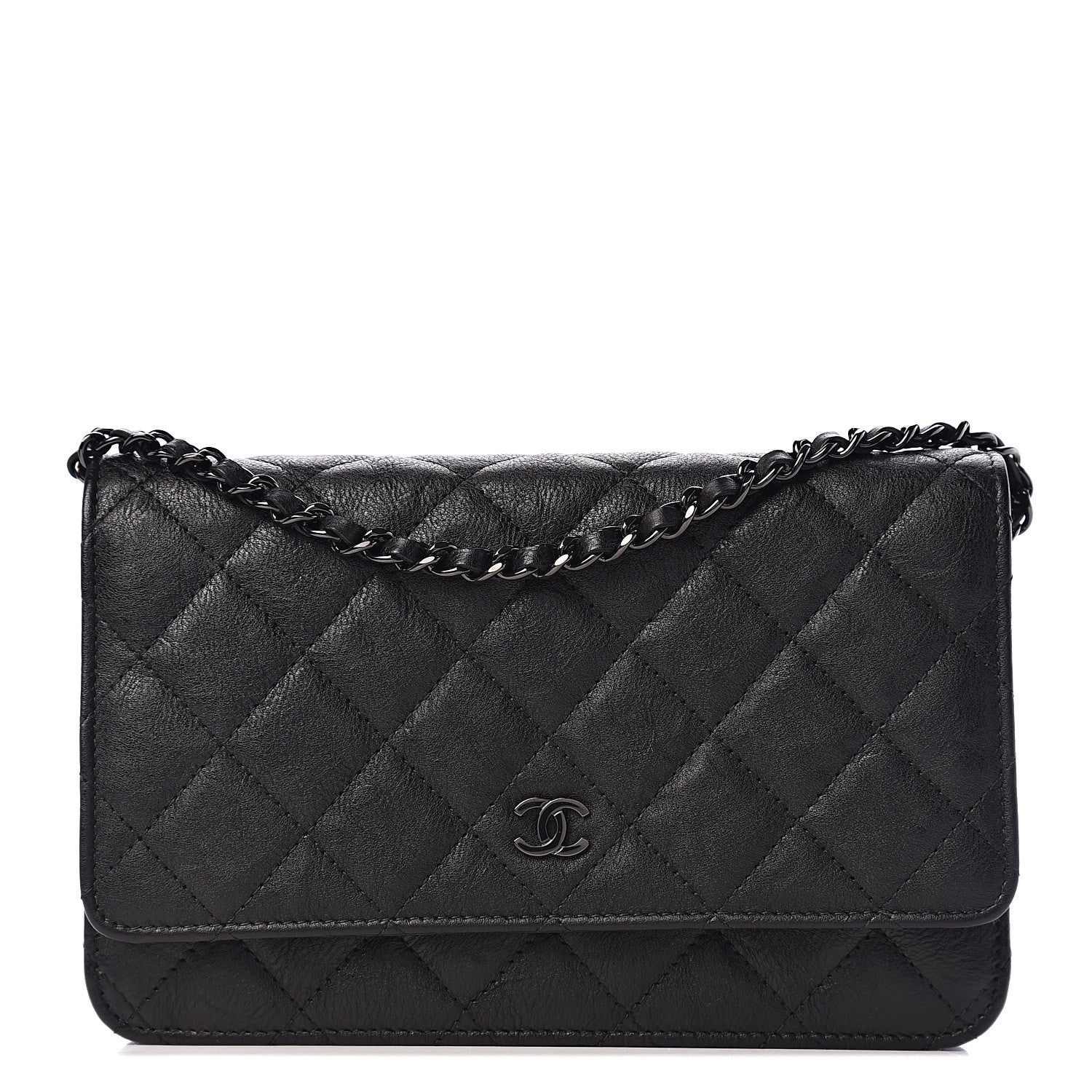 Chanel Crumpled Calfskin Quilted Wallet On Chain WOC So Black 1 of 10