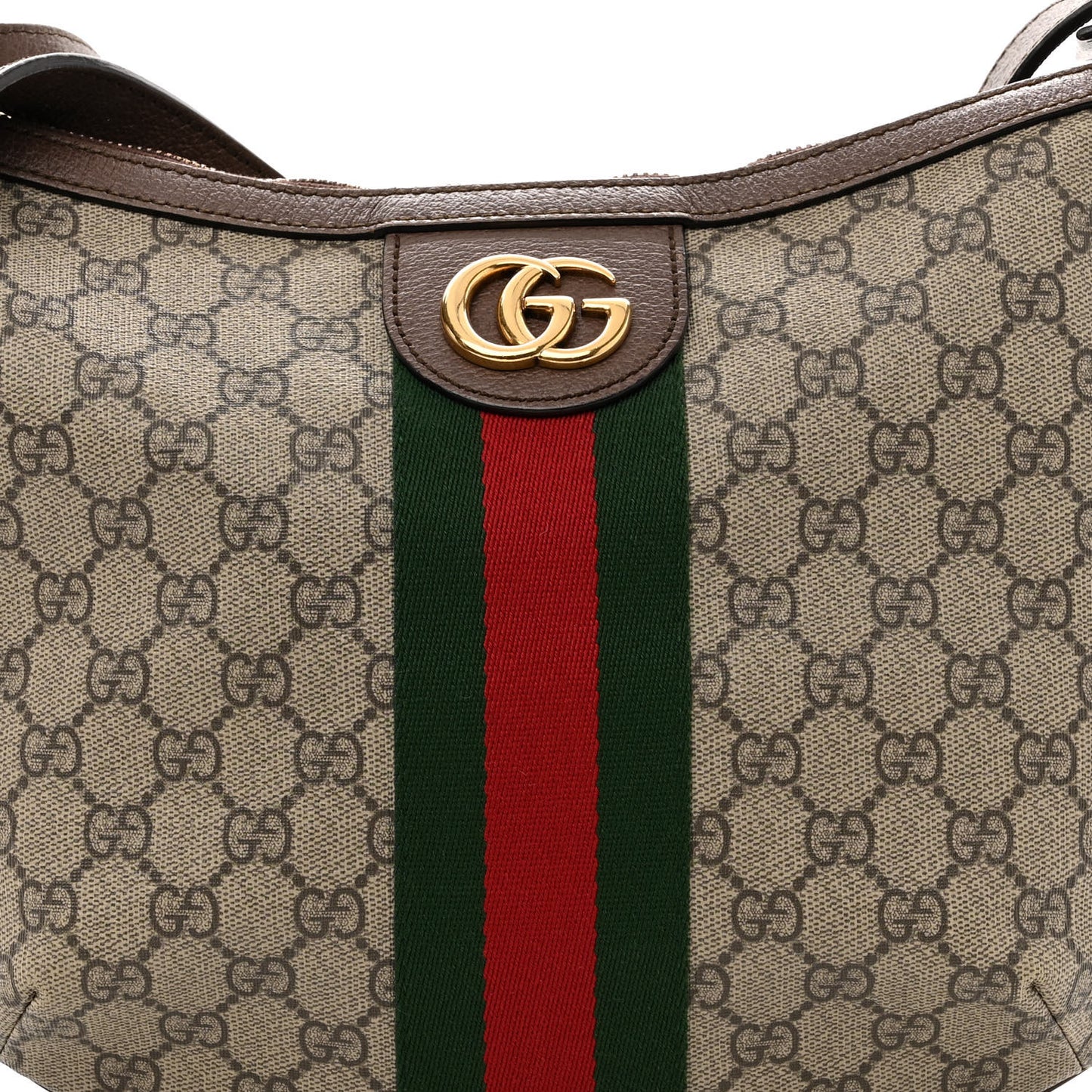 GG Supreme Monogram Textured Dollar Calfskin Web Small Ophidia Half Moon Hobo Beige Ebony New Acero