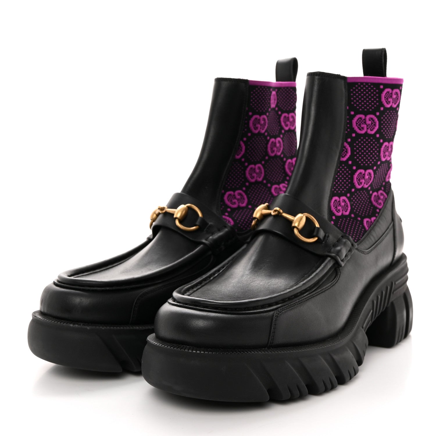 Gucci Quebec Calfskin Technical Jersey Knit GG Monogram Horsebit Ankle Boots 41 Black Fucsia 3 of 13