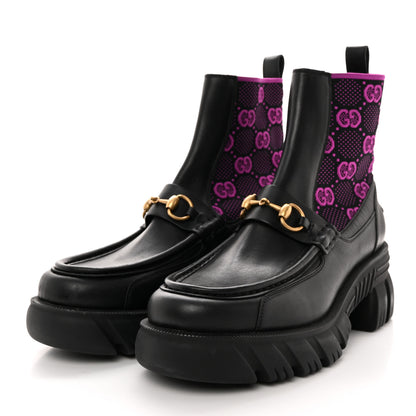 Gucci Quebec Calfskin Technical Jersey Knit GG Monogram Horsebit Ankle Boots 41 Black Fucsia 3 of 13
