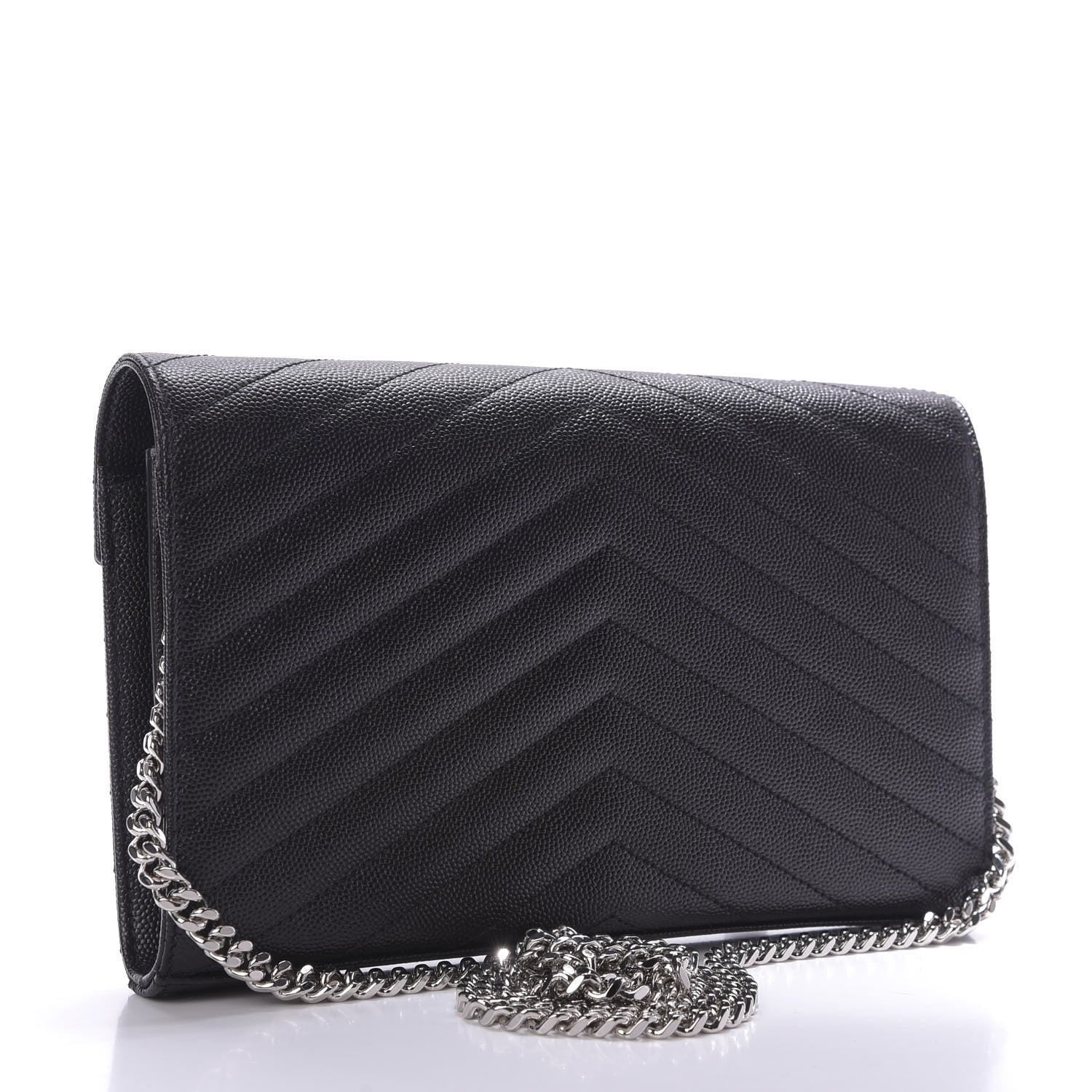 Saint Laurent Grain De Poudre Matelasse Chevron Monogram Chain Wallet Black 3 of 9