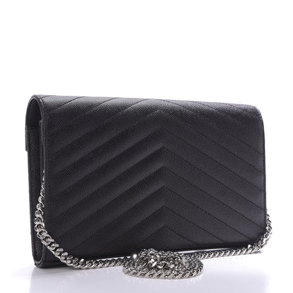 Saint Laurent Grain De Poudre Matelasse Chevron Monogram Chain Wallet Black 3 of 9