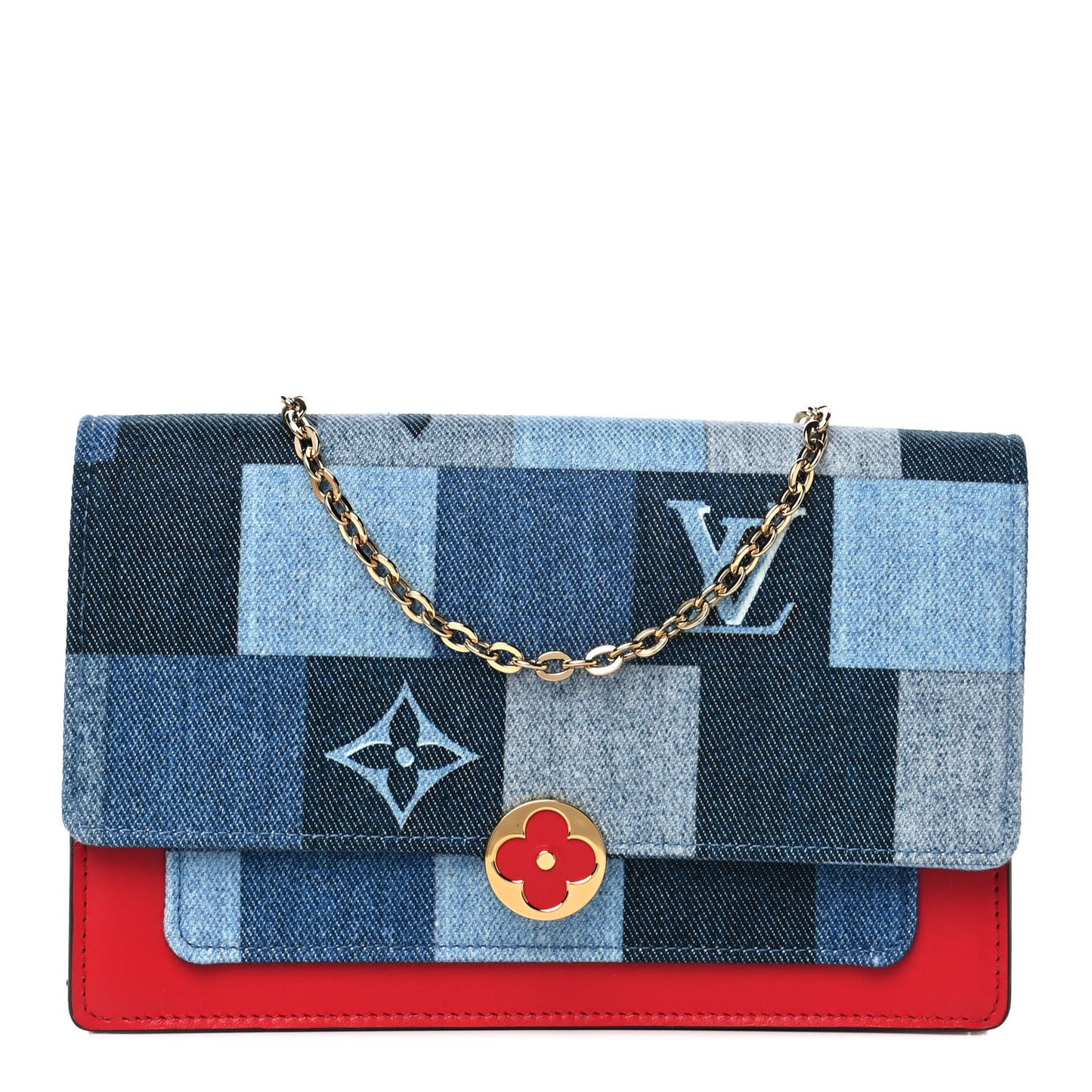 Denim Damier Monogram Patchwork Flore Chain Wallet Blue Rouge