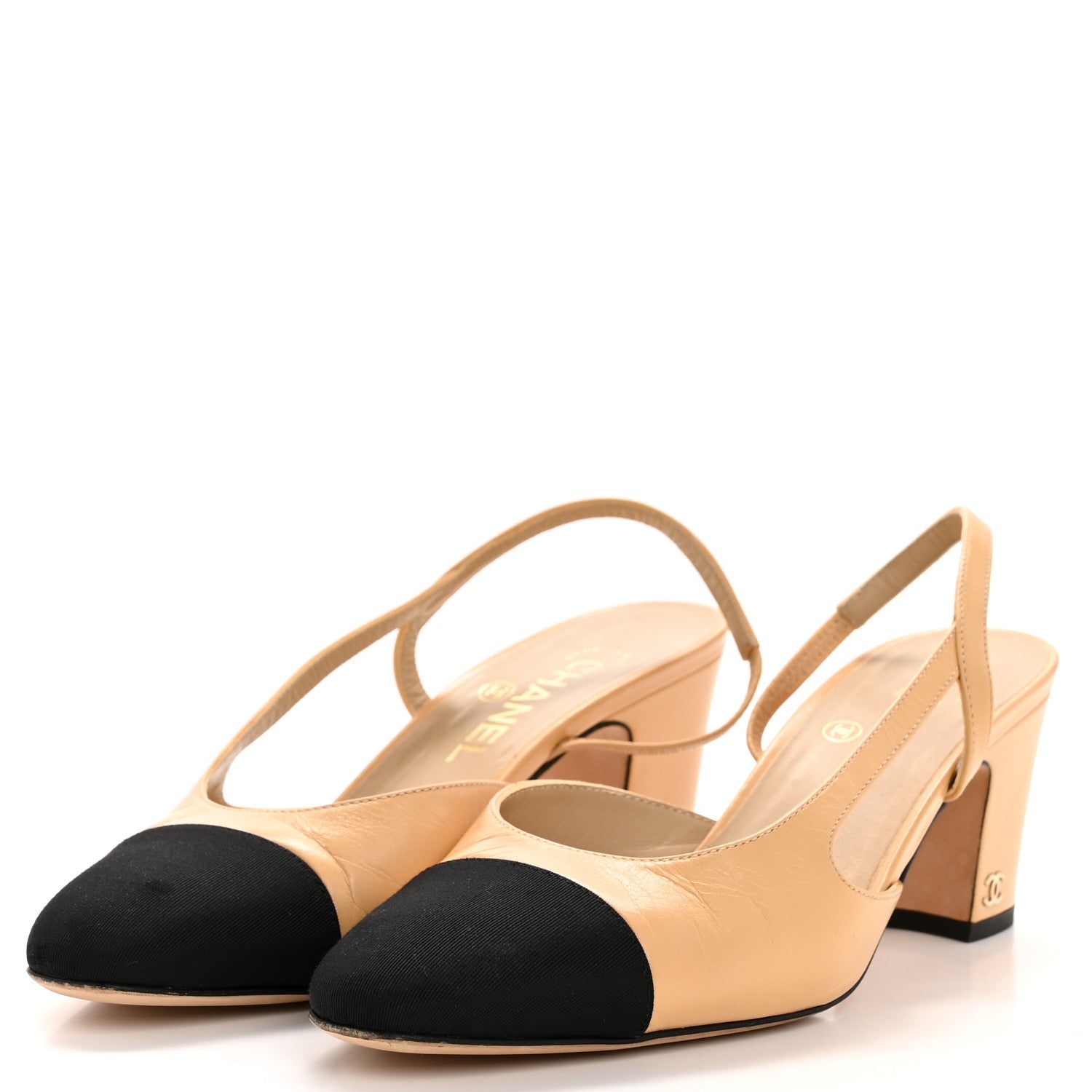 Chanel Goatskin Grosgrain Cap Toe CC Slingback Pumps 38.5 Beige Black 4 of 10