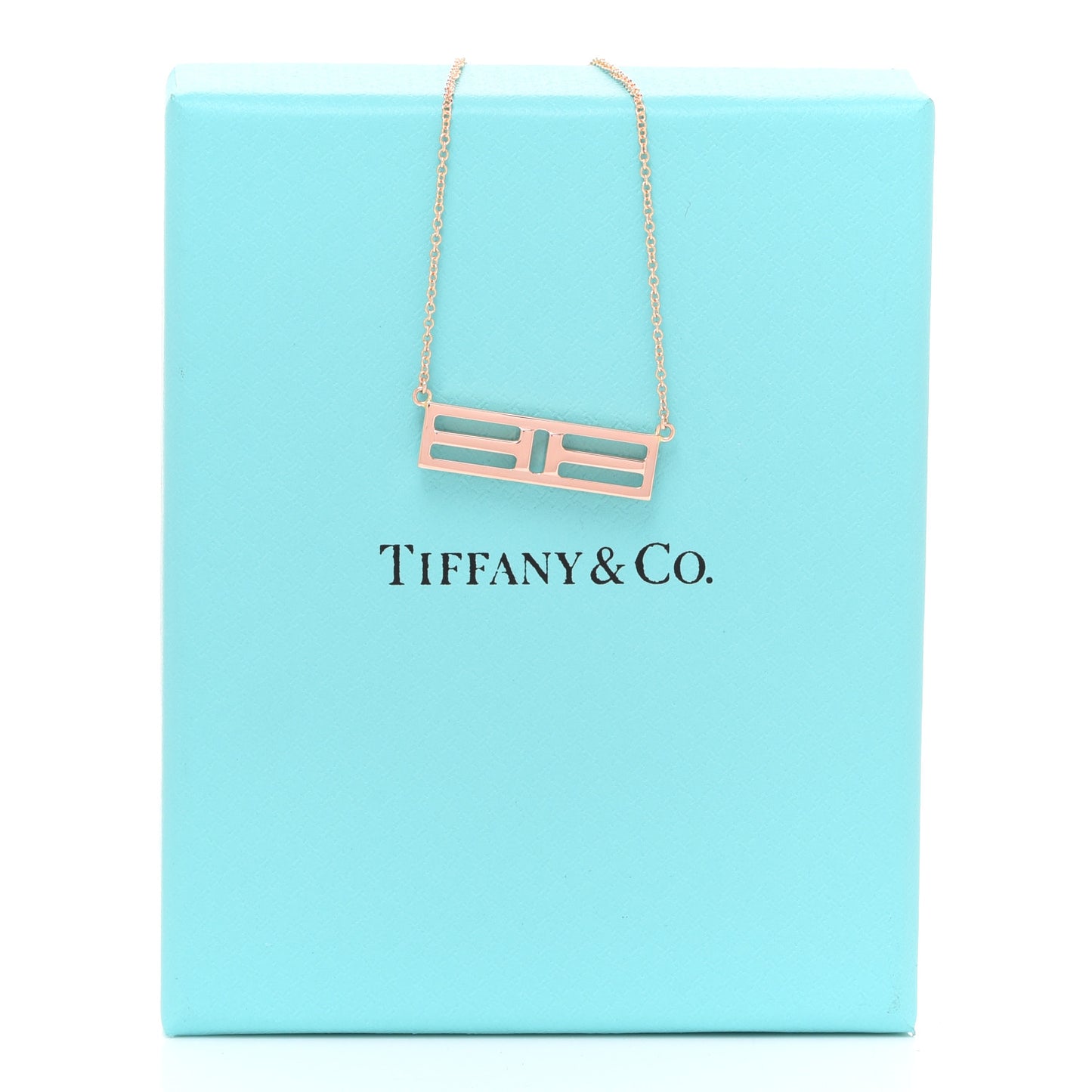 18K Rose Gold T Open Horizontal Bar Pendant Necklace