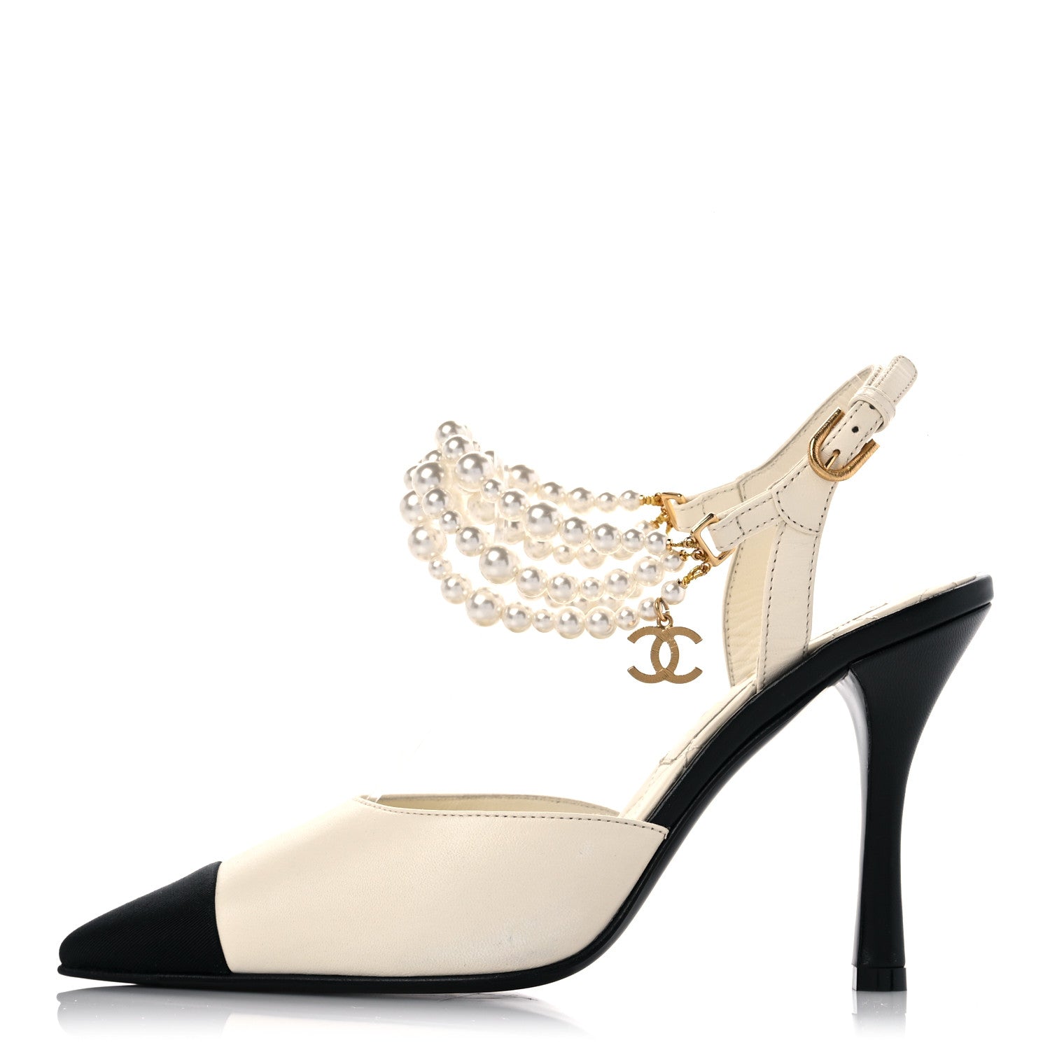 Chanel Lambskin Grosgrain Cap Toe Pearl Slingbacks Pumps 37.5 Ivory Black 1 of 10